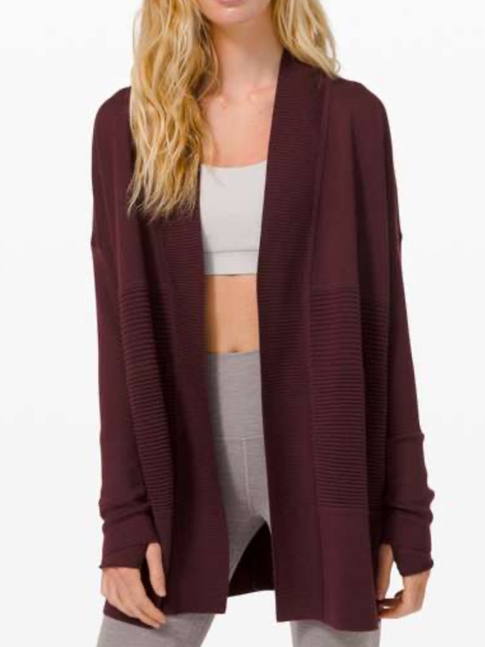 lululemon athletica Open-Front Maroon Ribbed Panel Cardigan